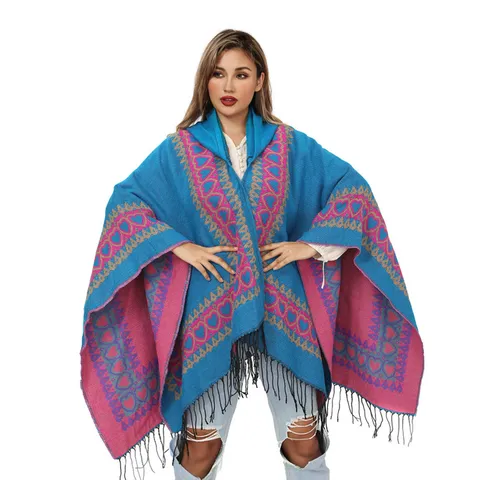 Dames Gebreide Poncho met Capuchon Imitatie Kasjmier Hartpatroon Jacquard Kwastjes Sjaal Wikkel Herfst Winter Warm Outdoor Top