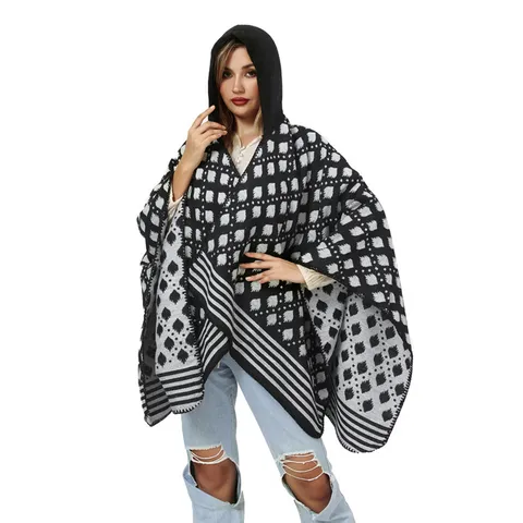 Women Hooded Poncho Shawl Geometric Pattern Jacquard Knitted Cape With Tassels Open Front Cashmere-like Autumn Winter Warm Wrap