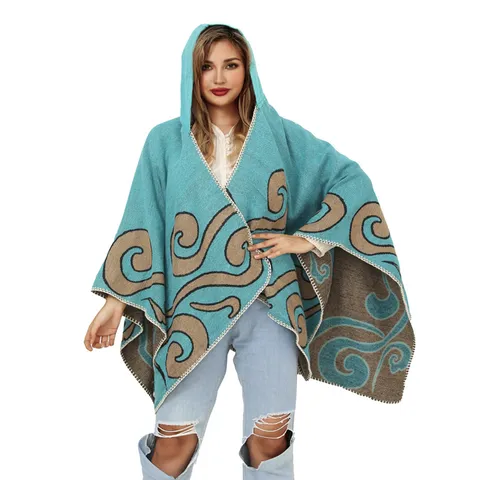 Westlicher Stil Strick Kapuzenponcho Umhang Für Damen Kaschmir Imitat Offener Schultertuch Mit Wirbelmuster Quasten Wickelmantel Top