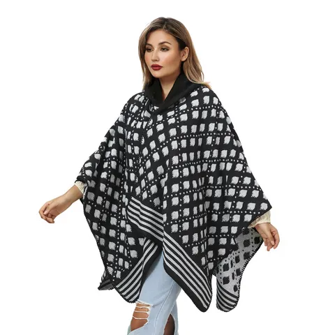 Women Hooded Poncho Shawl Geometric Pattern Jacquard Knitted Cape With Tassels Open Front Cashmere-like Autumn Winter Warm Wrap