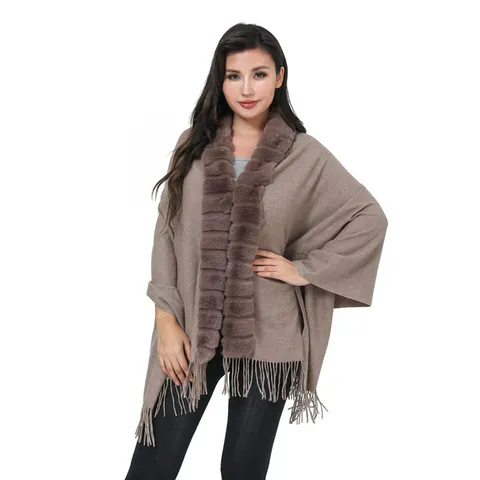 Damen Strickschal Mit Kunstpelzkragen Quaste Poncho Strickjacke Herbst Winter Warm Wickel Lässige Damen Gewand