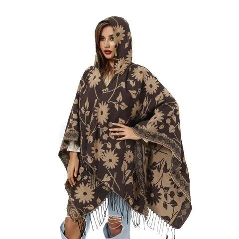 Women Hooded Knitted Shawl Cape With Tassels Sunflower Jacquard Slit Poncho Cloak Warm Imitation Cashmere Wrap For Winter
