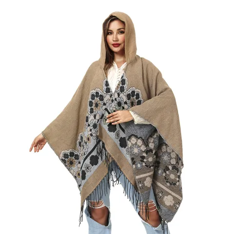 Women Hooded Floral Jacquard Poncho Cloak With Tassels Open Front Woven Scarf Blanket Shawl Warm Outdoor Winter Outerwear Top