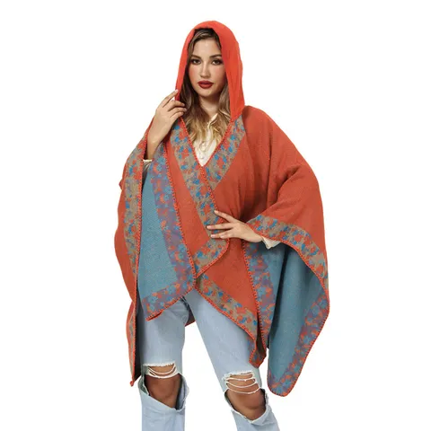 Bohemian Hooded Woven Poncho Cloak For Women Retro Floral Geometric Jacquard Warm Cape Tassel Shawl Wrap Outerwear Travel Photography