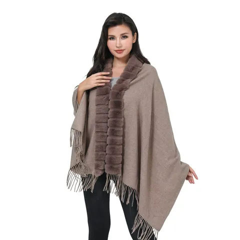 Damen Strickschal Mit Kunstpelzkragen Quaste Poncho Strickjacke Herbst Winter Warm Wickel Lässige Damen Gewand