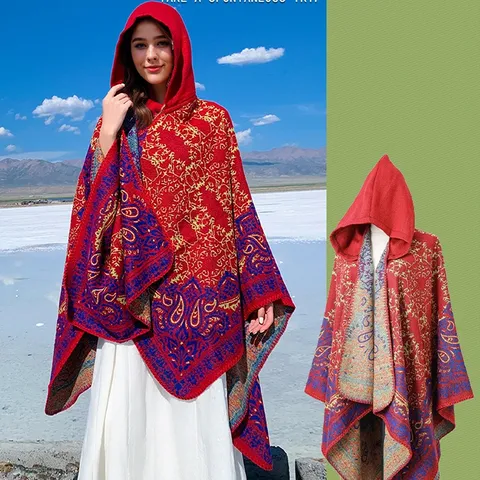 Women Retro Ethnic Hooded Cloak Shawl Bohemian Paisley Jacquard Warm Poncho Wrap For Travel Outdoor Winter Scarf