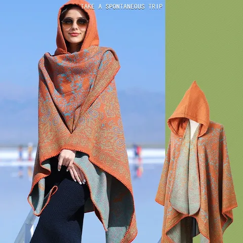 Women Retro Ethnic Hooded Cloak Shawl Bohemian Paisley Jacquard Warm Poncho Wrap For Travel Outdoor Winter Scarf