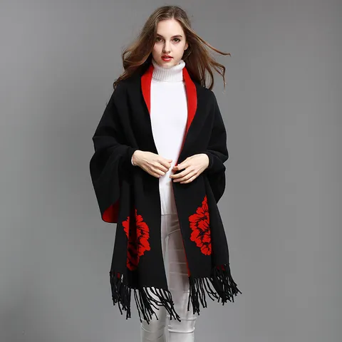 Damen Verdickt Jacquard Schultertuch Schal Pfingstrose Blumen Quaste Umhang Mit Ärmeln Herbst Winter Hochzeit Party Wickeltuch
