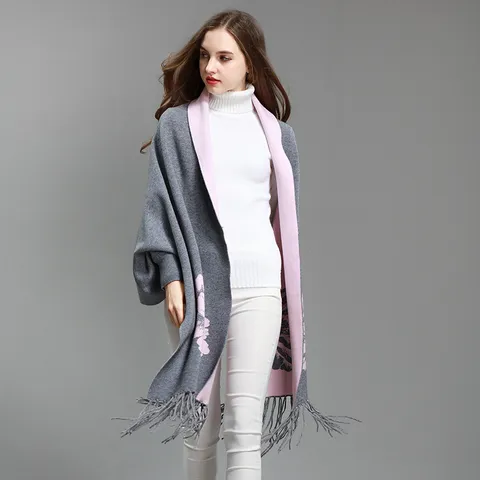Damen Verdickt Jacquard Schultertuch Schal Pfingstrose Blumen Quaste Umhang Mit Ärmeln Herbst Winter Hochzeit Party Wickeltuch