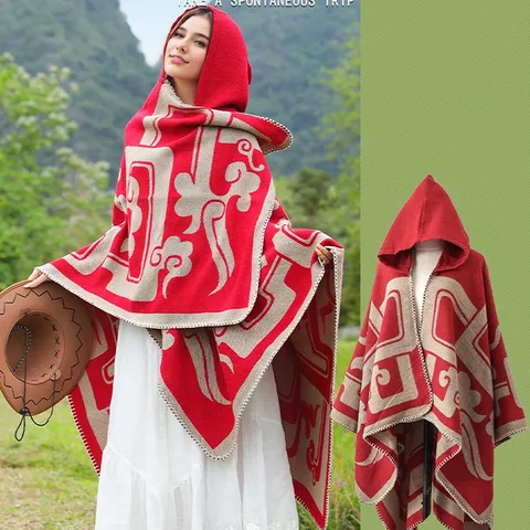 Women Faux Cashmere Hooded Cloak Shawl Geometric Jacquard Tassel Warm Cape Scarf Long Poncho For Outdoor Travel
