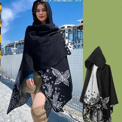 Women Fashion Cashmere-like Hooded Knitted Poncho Shawl Bohemian Butterfly Floral Print Warm Winter Cloak Cape Wrap