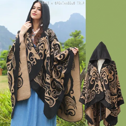 Damen Böhmisch Kapuzenponcho Schal Verdickter Jacquard Schlitz Cape Vintage Paisley Muster Warmer Herbst Winter Wickelmantel