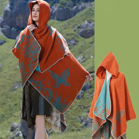 Women Fashion Cashmere-like Hooded Knitted Poncho Shawl Bohemian Butterfly Floral Print Warm Winter Cloak Cape Wrap