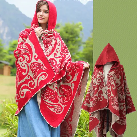 Damen Böhmisch Kapuzenponcho Schal Verdickter Jacquard Schlitz Cape Vintage Paisley Muster Warmer Herbst Winter Wickelmantel