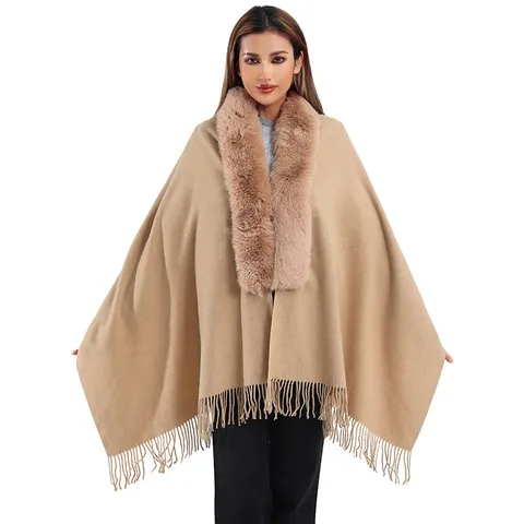 Écharpe en Faux Cachemire pour Femmes Avec Col en Fausse Fourrure de Lapin Écharpe Unie à Glands Châle Chaud d'Hiver