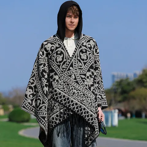 Herren Retro Jacquard Gestrickt Poncho Schal Kapuzen Vorne Offen Cape Mit Quasten Geometrisch Fransen Mantel Für Outdoor Winter