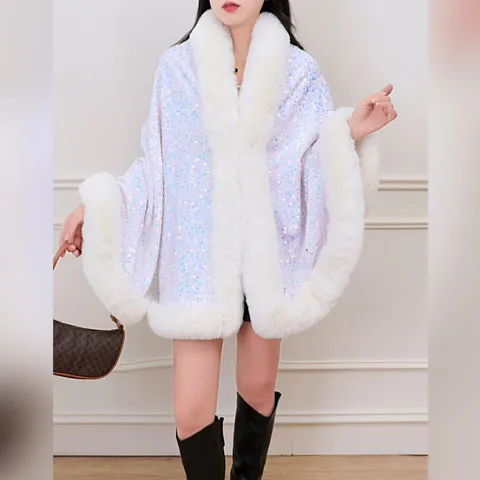 Eleganter Polyester Pailletten Schal Umhang Für Damen Kunstfell Besatz Dick Warm Winter Cape Cheongsam Abendgesellschaft