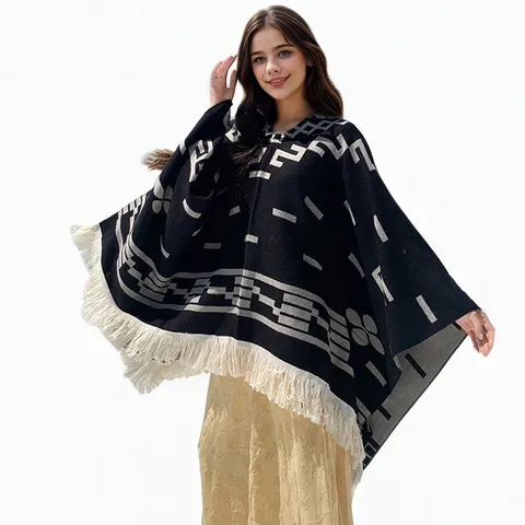 Damen Geometrischer Quasten Schal Poncho Gewebter Jacquard Lockerer Mittellanger Umhang Warmer Euro Amerikanischer Streetwear Mantel