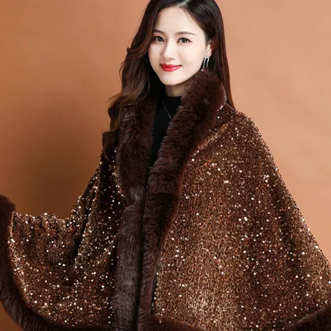 Eleganter Polyester Pailletten Schal Umhang Für Damen Kunstfell Besatz Dick Warm Winter Cape Cheongsam Abendgesellschaft