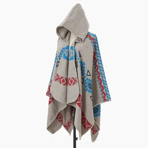Vintage Ethno Geometrisches Muster Mit Kapuze Umhang Und Geteilter Schal Warme Winter Nordisches Design Damen Herren Mode Oberbekleidung