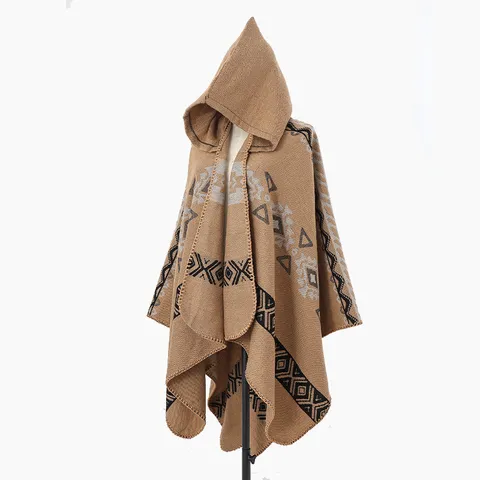 Vintage Ethno Geometrisches Muster Mit Kapuze Umhang Und Geteilter Schal Warme Winter Nordisches Design Damen Herren Mode Oberbekleidung