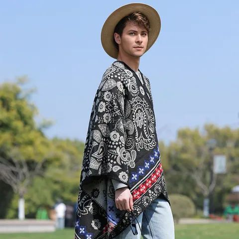 Bohemian Paisley Jacquard Knitted Shawl Wrap For Men Women Tassel Split Poncho Retro Ethnic Style Warm Shoulder Cape For Autumn Winter
