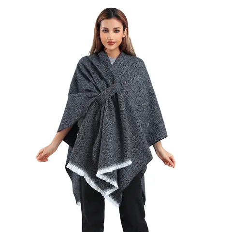 Women Knitted Poncho Shawl Asymmetric Jacquard Side Tie Cape Tassel Hem Polyester Wrap Winter Outdoor Warm Shoulder Cover