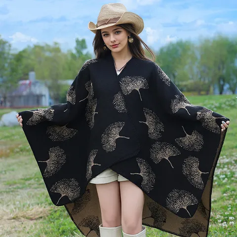 Ginkgoblatt Jacquard Strickschal Geteilter Umhang Poncho Wickel Polyester Warm Herbst Winter Mode Pashmina Für Damen