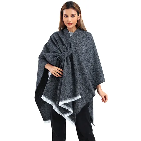 Women Knitted Poncho Shawl Asymmetric Jacquard Side Tie Cape Tassel Hem Polyester Wrap Winter Outdoor Warm Shoulder Cover