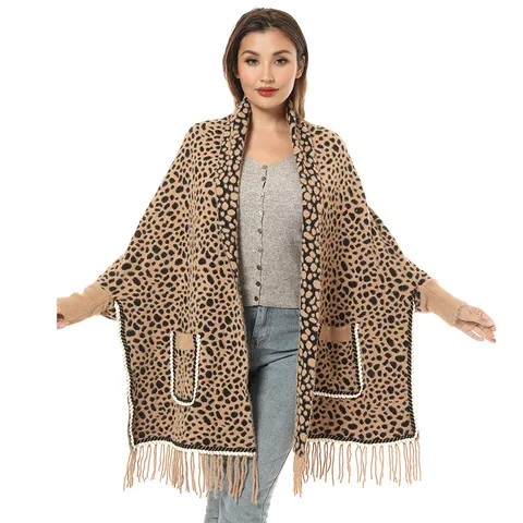 Chal de Punto con Estampado de Leopardo para Mujer con Bolsillos y Borlas Capa Cárdigan Cálida de Invierno