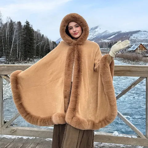 Women Winter Warm Knit Hooded Shawl Cloak Faux Fur Trim Thick Acrylic Long Poncho Cape Outwear Wrap