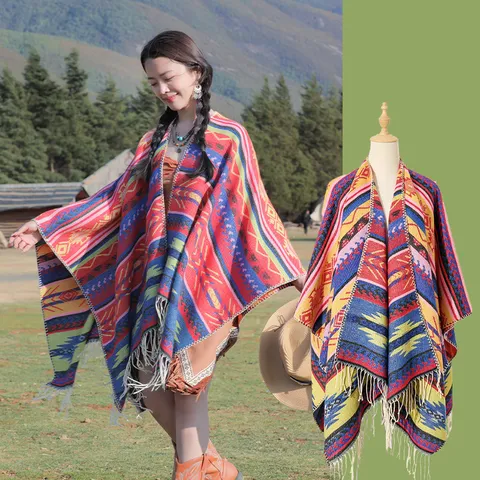 Bohemian Ethnisch Stil Gestrickt Schal Für Damen Retro Geometrisch Muster Split Cape Mit Quasten Reise Fotografie Outerwear Schal