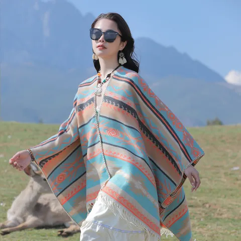 Bohemian Ethnisch Stil Gestrickt Schal Für Damen Retro Geometrisch Muster Split Cape Mit Quasten Reise Fotografie Outerwear Schal