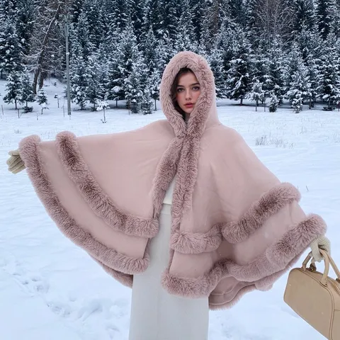 Damen Kapuzen Strickumhang Mit Kunstpelzkragen Warm Dick Übergröße Schultertuch Cape Jacke Einfarbig Kunstpelz Besatz Poncho Oberbekleidung