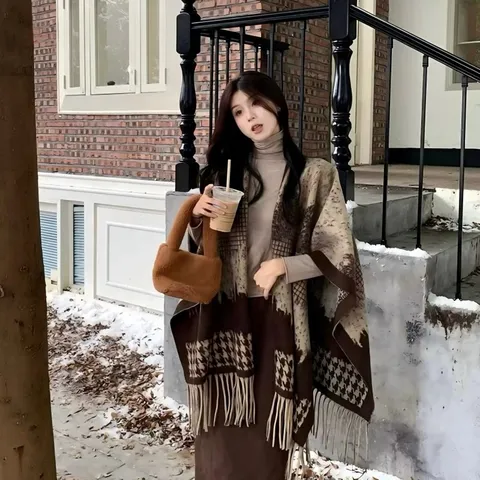 Vintage Ethnisch Polyester Gestrickt Poncho Schal Für Damen Gestreift Kariert Quaste Decke Umhang Warm Cape Oberbekleidung Reisen Geschenk