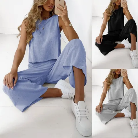 Women's Summer Casual Cotton Blend Sleeveless Top And Cropped Wide Leg Pants Two Piece Set Solid Color Loose Outfit
