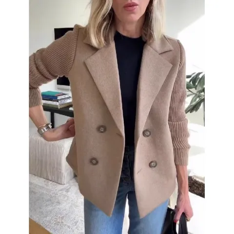 Women's Casual Solid Color Lapel Double-Breasted Woolen Spliced Knit Long Sleeve Coat