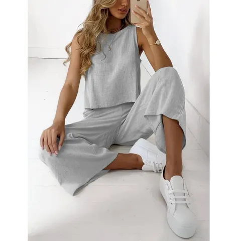 Women's Summer Casual Cotton Blend Sleeveless Top And Cropped Wide Leg Pants Two Piece Set Solid Color Loose Outfit