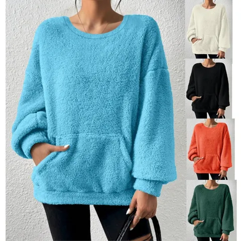 Women's Casual Solid Color Long Sleeve Fleece Sweatshirt Winter Loose O-Neck Pullover Top With Pocket