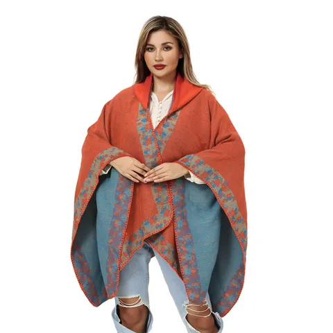 Bohemian Hooded Woven Poncho Cloak For Women Retro Floral Geometric Jacquard Warm Cape Tassel Shawl Wrap Outerwear Travel Photography