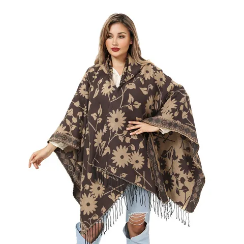 Women Hooded Knitted Shawl Cape With Tassels Sunflower Jacquard Slit Poncho Cloak Warm Imitation Cashmere Wrap For Winter