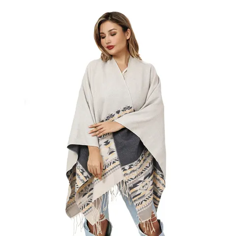 Bohemian Reversible Cashmere-Like Acrylic Shawl Cape For Women Vintage Tribal Geometric Fringe Tassel Poncho Wrap Warm Blanket Travel Scarf