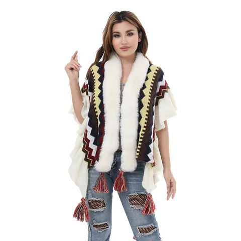 Damen Kunstfellkragen Strickponcho Cape Geometrisches Wellenstreifen Quaste Schal Bohemian Winter Warme Umhängetasche Ethno-Stil Strickjacke