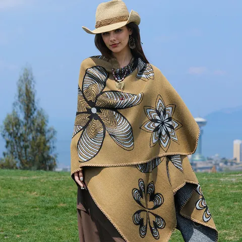 Damen Floral Gespalten Strickschal Quasten Doppelseitiger Poncho Umhang Für Frühling Herbst Streetwear Reisen Foto Kap