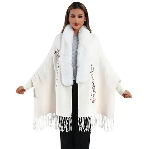Damen Winter Warm Kunstfell Kragen Schal Wrap Cape Gestickt Pflaumenblüte Quaste Cape Streetwear Strickmantel Cardigan