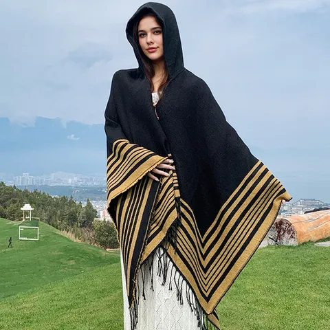 Women Striped Hooded Poncho Cape With Tassel Open Front Thick Warm Knitted Shawl Wrap For Travel Winter Fashion Outerwear