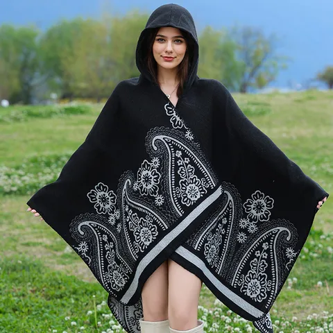 Damen Kapuzen Strickponcho Schal Paisley Floral Jacquard Offener Umhang Bohemian Warmer Cardigan Wrap Für Den Täglichen Gebrauch Draußen