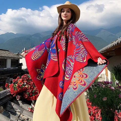 Damen Floral Gespalten Strickschal Quasten Doppelseitiger Poncho Umhang Für Frühling Herbst Streetwear Reisen Foto Kap