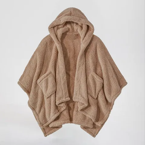 Women Winter Warm Solid Color Hooded Cloak Poncho Casual Loose Fleece Outerwear Oversized Blanket Cape With Pockets