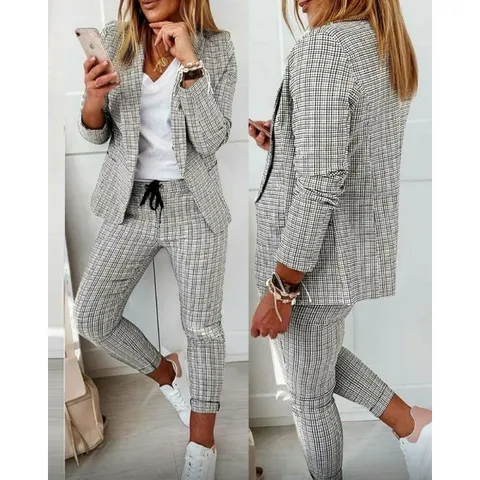 Women Casual Plaid Suit Set Long Sleeve Blazer And Slim Pants Elegant Commuter Fashion Office Wear Outfit